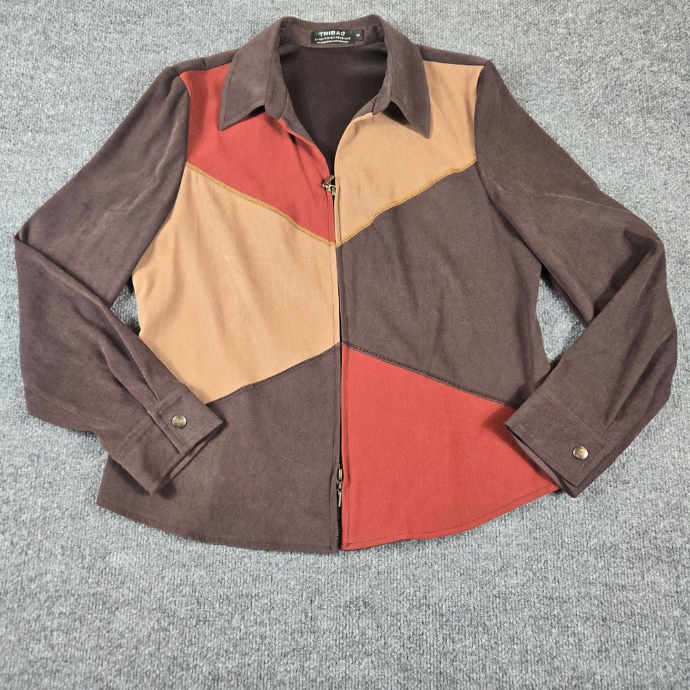 Tribal Zip Up Jacket Womens 14 Brown Colorblock Faux Geometric